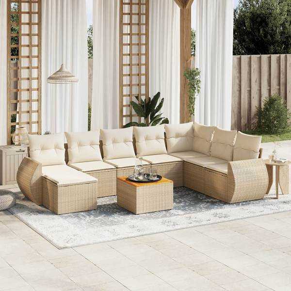 vidaXL 9-tlg. Garten-Sofagarnitur mit Kissen Beige Poly Rattan, UV-beständig, 3225141