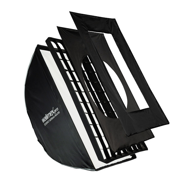 Walimex pro Studio Softbox 60x90cm, um 360° drehbar, einfacher Aufbau dank Schirmfunktion, inkl. Grid, Masken, Bowens Adapter und Transporttasche, 1023434