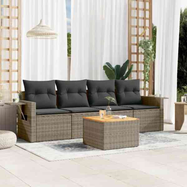 vidaXL 5-tlg. Garten-Sofagarnitur mit Kissen Grau Poly Rattan, UV-beständig, 3256774