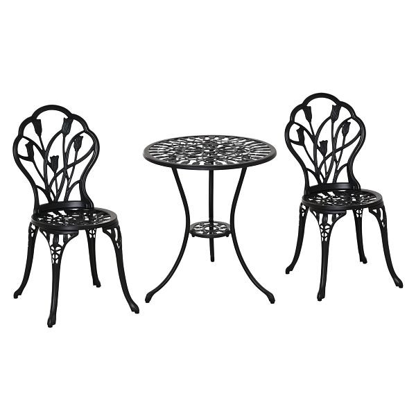 Outsunny Sitzgruppe für 2 Personen Essgruppe Balkonmöbel Set 1 Tisch+2 Stühle Alu Schwarz, 84B-500BK