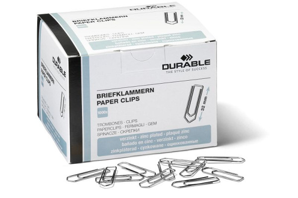 DURABLE Briefklammer, 32 mm, Metall, verzinkt, Schachtel mit 1000 Stück, 1211 25
