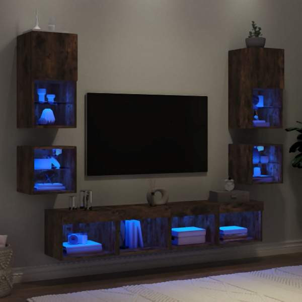 vidaXL 8-tlg. Wohnwand mit LED-Beleuchtung Räuchereiche Holzwerkstoff, 3216594