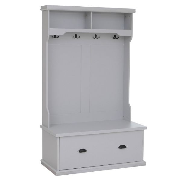 Mendler Garderobe HWC-P27, Flurgarderobe Holzgarderobe Sitzbank, 4 Haken Staufach Ablage Melamin 163x100x47cm, hellgrau, 118672+118673