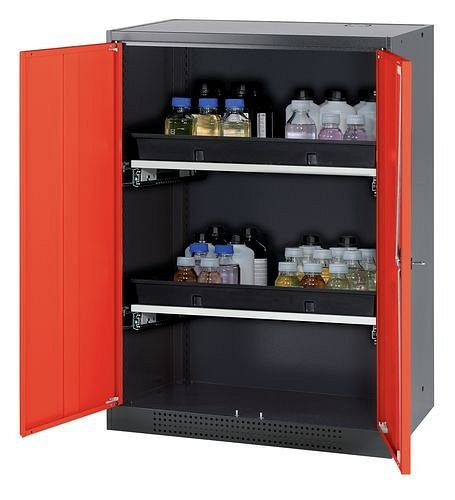 asecos Chemikalienschrank Systema-T CS-82, Korpus anthrazit, Flügeltüren rot, 2 Tablarauszüge, 208647