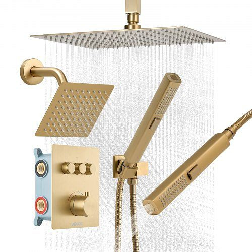VEVOR Duschsystem-Set: 12" Regenduschkopf, 6" Wandmontage, 2-in-1 Handbrause, Messingventil, gebürstetes Gold, DPCPHSPHSTZXFIWQI002V0