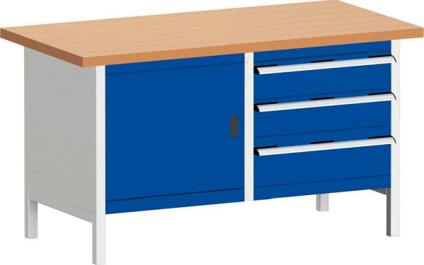 bott cubio Kastenwerkbank mit 3 Schubladen Tür, Ablage, Rotbuche-Arbeitsplatte BxTxH: 1500 x 750 x 840 mm, RAL 7035/5010, 41002026.11V