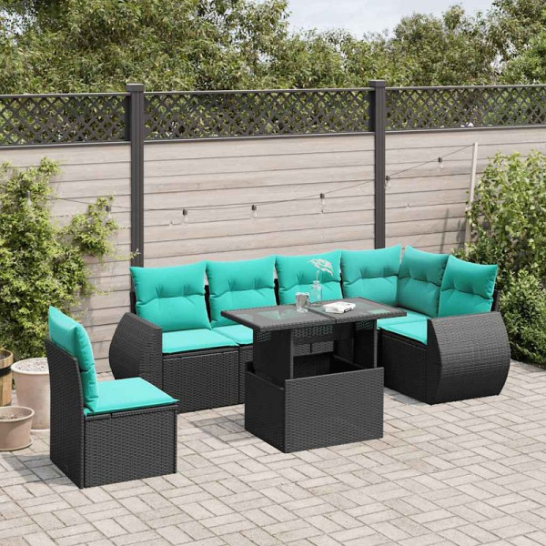 vidaXL 7-teiliges Gartensofa-Set mit Kissen, schwarzes Polyrattan, 3268567