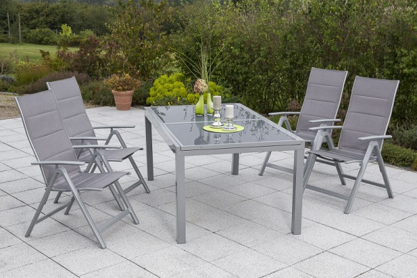 Merxx Taviano Set 5-teilig, 4 Klappsessel, Rückenlehne 5-fach verstellbar, gepadded, 1 Ausziehtisch, 160 (220) x 90 cm, silber/diamantbraun, 50266-330