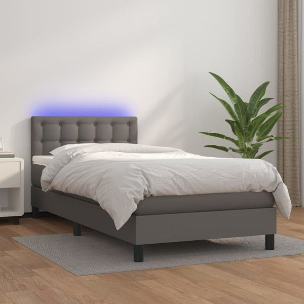 vidaXL Boxspringbett mit Matratze & LED Grau 100x200 cm Kunstleder, 3134211