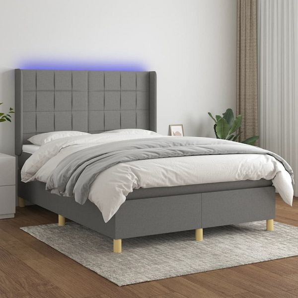 vidaXL Boxspringbett mit Matratze & LED Dunkelgrau 140x200 cm Stoff, 3138878