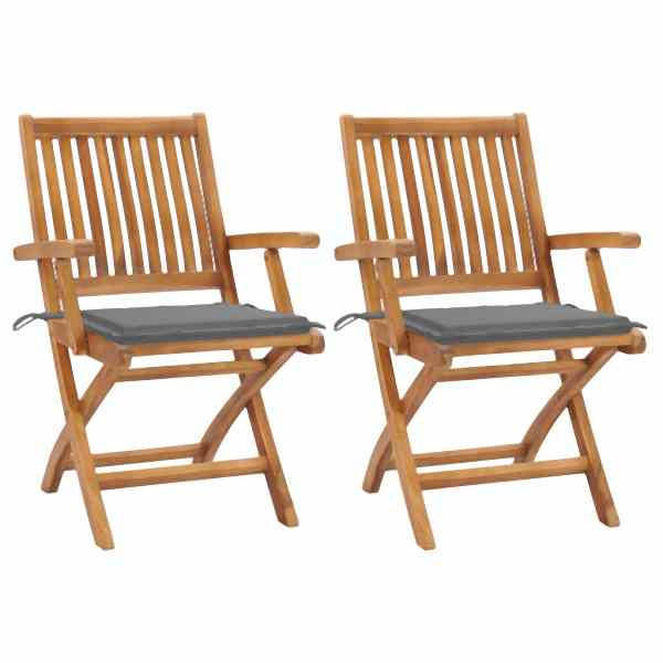 vidaXL Gartenstühle 2 Stück mit Grauen Kissen Teak Massivholz, 3062407
