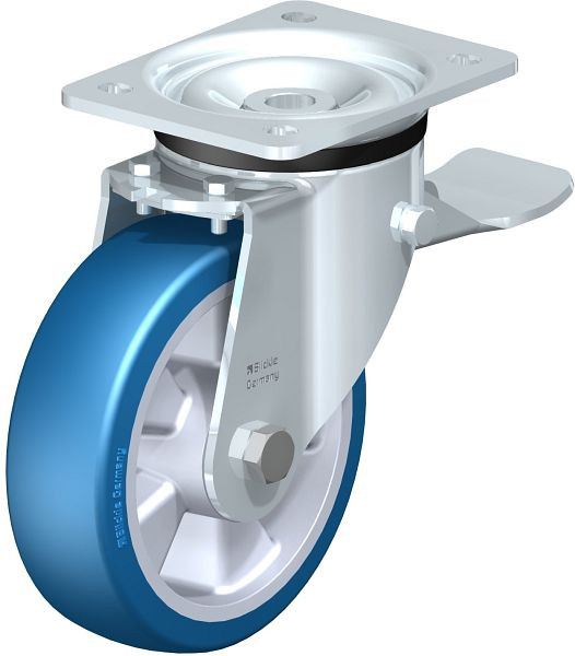 Blickle LK-ALBS 160K-ST Stahlblech-Lenkrolle, schwere Ausführung, mit Anschraubplatte & Feststeller, Blickle Besthane® Soft, Blau, 750221