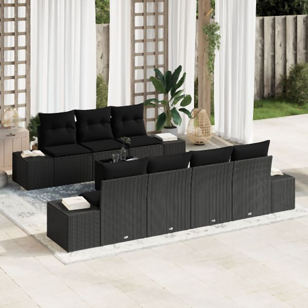 vidaXL 8-teiliges Garten-Sofa-Set mit Kissen Schwarz Poly-Rattan, 3355642