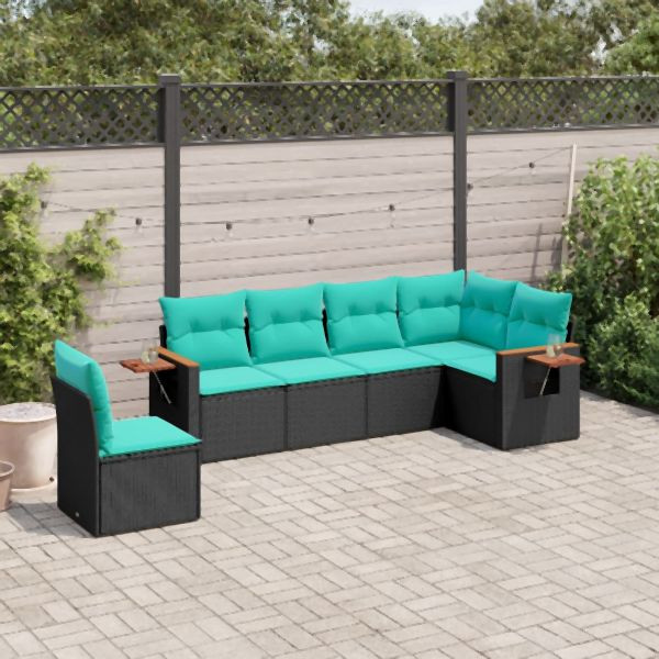 vidaXL 6-teilig Garten-Sofagarnitur mit Kissen Schwarz Poly Rattan, 3226855