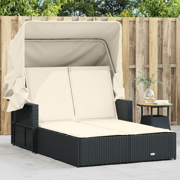 vidaXL Doppel-Sonnenliege mit Dach und Auflagen Schwarz Poly Rattan, 365806