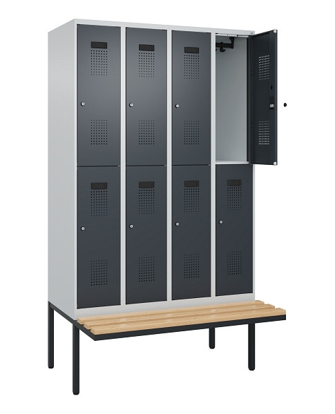 C+P Doppelstock-Spind Evolo PLUS, Bank, 8 Fächer, 2120x1200x815mm, 7035/7016, Zylinderschloss, Sitzfläche Buche-Hartholz, 0493407-40 S10039