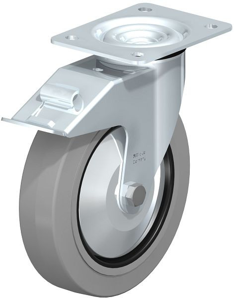 Blickle LE-POEV 200K-FI-SG-FA Stahlblech-Lenkrolle mit Anschraubplatte & Feststeller, Elastik-Vollgummi, Grau, 743832