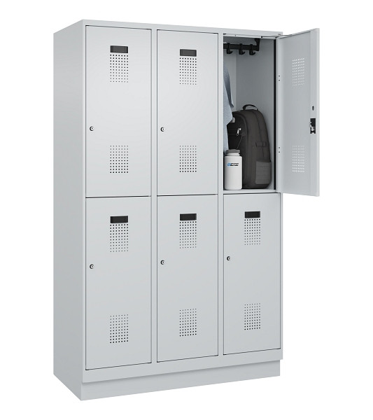 C+P Doppelstöckiger Spind Evolo PLUS, mit Sockel, 6 Fächer, 1950x1200x500mm, 703, Frontfarbe RAL 7035 Lichtgrau, Zylinderschloss, 049320-32 S10040