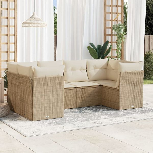 vidaXL 6-tlg. Garten-Sofagarnitur mit Kissen Beige Poly Rattan, 3249947