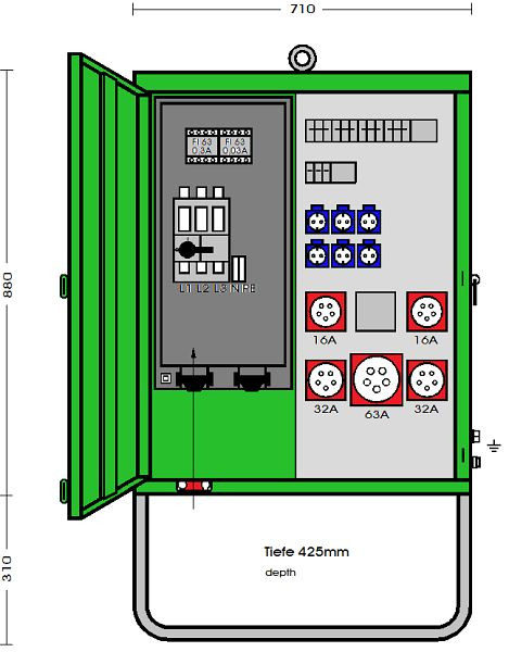 Elektra Tailfingen Verteilerschrank 44 kVA mit 2 RCD Typ B, 5 CEE-Abgänge 16-63A und 6 Schutzkontakt-Steckdosen, V 63N/A/6221-2, 183263