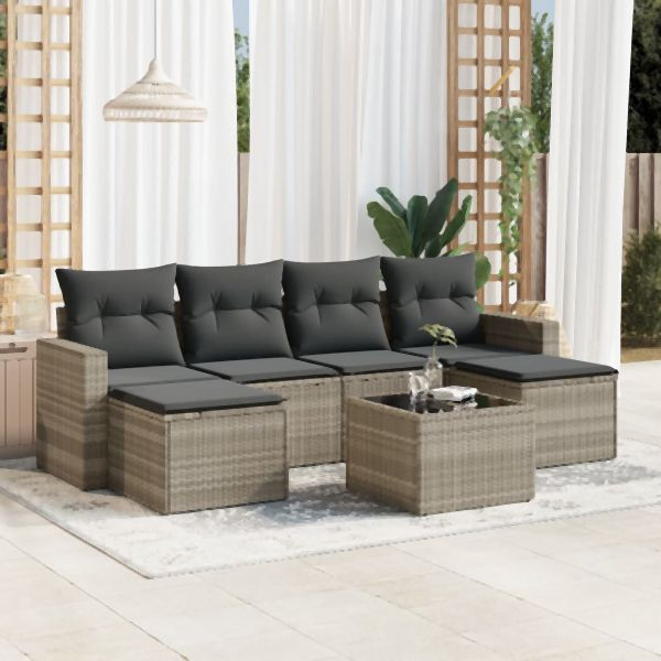 vidaXL 7-tlg. Garten-Sofagarnitur mit Kissen Hellgrau Poly Rattan, 3251669