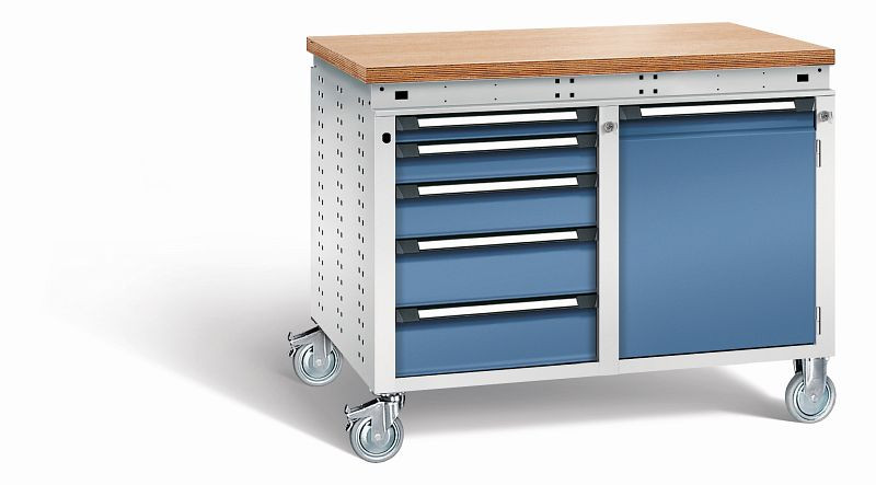 Otto Kind Werkbank Serie function Typ 253 fahrbar, Multiplexplatte 40 mm, bündig, 2x Unterbau, Gehäuse RAL 7035, Front RAL 5023, 072384164