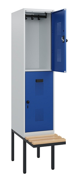 C+P Doppelstock-Spind Evolo PLUS, Bank, 2 Fächer, 1950x400x815mm, 7035/5010, Drehriegel, Sitzfläche Buche-Hartholz, 0493405-12 S10006