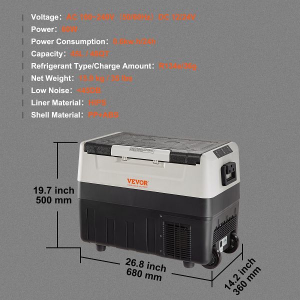 VEVOR Camping Kühlschrank 45 L Kühlbox 12 / 24 V Rollbare Elektrische