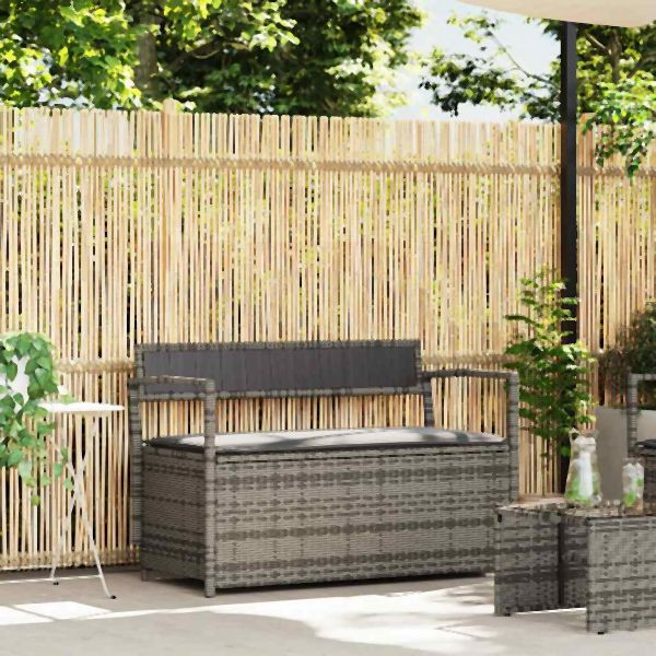 vidaXL Gartenbank mit Stauraum und Kissen Grau Poly Rattan, 4103838