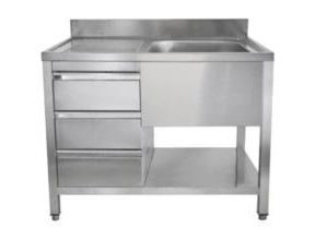 A&S Gastro Spültisch mit Schubladenblock, 1 Becken rechts, Bautiefe 700 mm, 100x700x850 mm, SPT1071BR-S