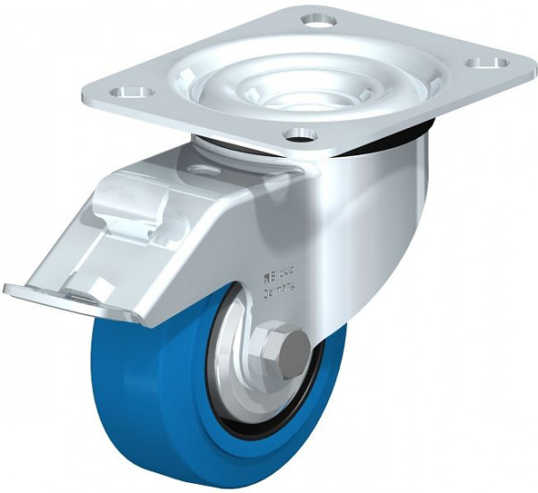 Blickle LE-POEV 80XR-FI-SB-FA Stahlblech-Lenkrolle mit Anschraubplatte & Feststeller, Elastik-Vollgummi, Blau, 850067