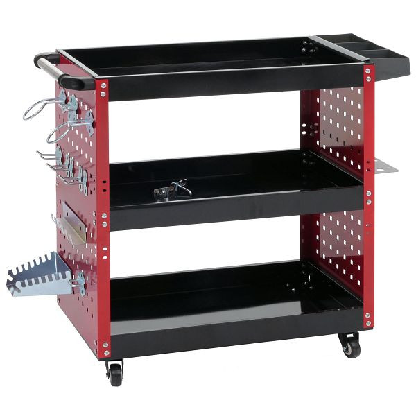 Mendler Werkzeugwagen HWC-M26, Rollwagen Werkstattwagen, Rollen Handgriff 3 Ladeflächen Lochraster, Stahl 73x90x35cm rot, 104143