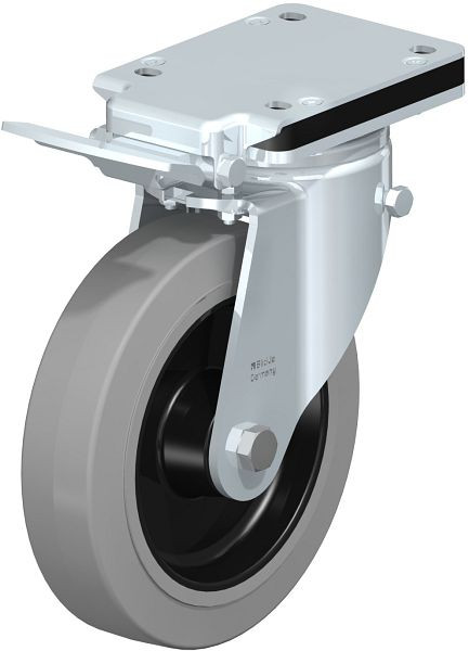 Blickle LH-POEV 200R-IS-SG Stahlblech-Lenkrolle, Schwerlast-Ausführung, mit Anschraubplatte & Feststeller, Elastik-Vollgummi, Grau, 750084