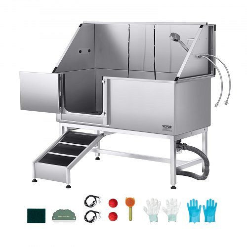 VEVOR Hundewaschstation 1500x700x1495 mm, Edelstahl, mit Rampe, Wasserfilterplatte, Wasserhahn, Duschkopf & Seifenhalter (linke Tür), BXGCWYG62CSL5T713V0