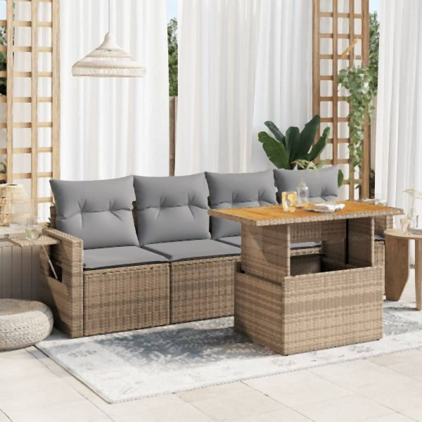 vidaXL 5-tlg. Garten-Sofagarnitur mit Kissen Beige Poly Rattan, 3327097