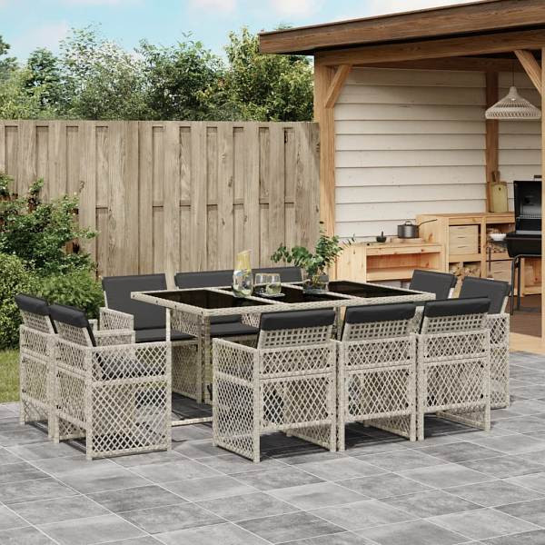 vidaXL 11-tlg. Garten-Essgruppe mit Kissen Hellgrau Poly Rattan, UV-beständig, 3210851