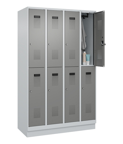 C+P Doppelstöckiger Spind Evolo PLUS, mit Sockel, 8 Fächer, 1950x1200x500mm, 703, Frontfarbe 0005000 RDS Stahlgrau, Zylinderschloss, 049320-40 S10041