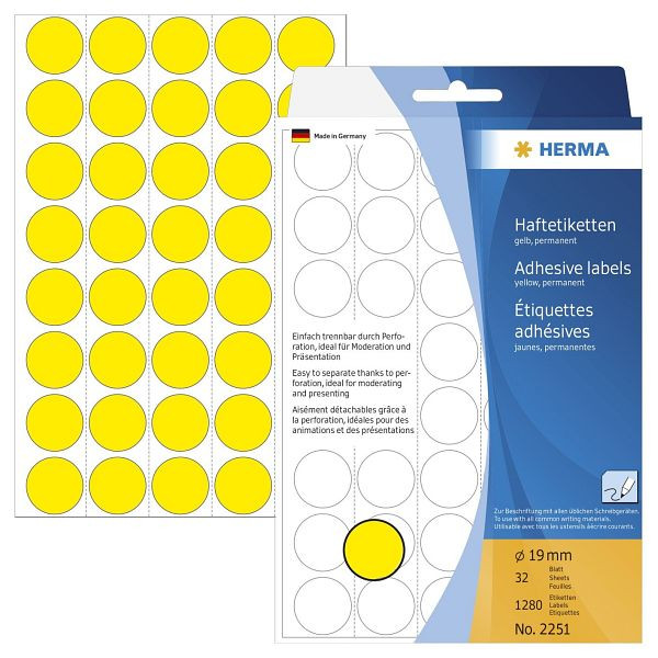 HERMA 2251 Vielzwecketiketten, gelb, Ø 19 mm, matt, Trägerpapier perforiert, 1280 Stück, 2251
