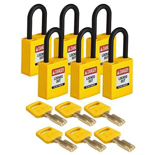 Brady Vorhängeschlösser Lockout, SafeKey aus Nylon, funkenfreies Gehäuse, VE: 6 Stück, gelb, 309090