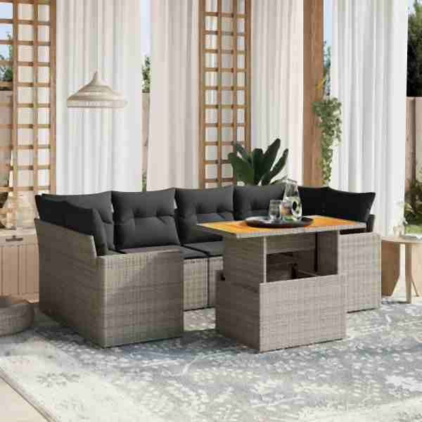 vidaXL 7-tlg. Garten-Sofagarnitur mit Kissen Grau Poly Rattan, UV-beständig, 3271214
