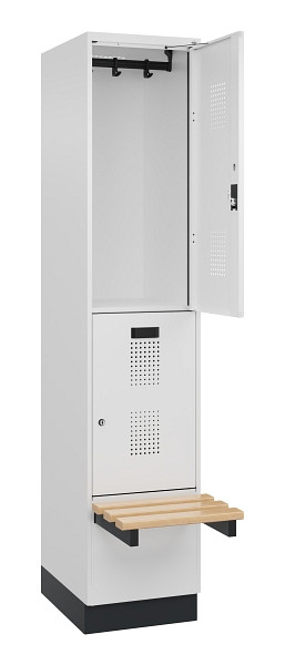 C+P Doppelstock-Spind Evolo PLUS, Bank, 2 Fächer, 1950x400x815mm, 9016/9016, Zylinderschloss, Sitzfläche Buche-Hartholz, mit Sockel, 049340-12 S10047