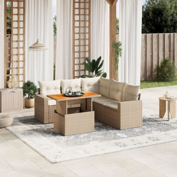 vidaXL 6-tlg. Garten-Sofagarnitur mit Kissen Beige Poly Rattan, 3271310