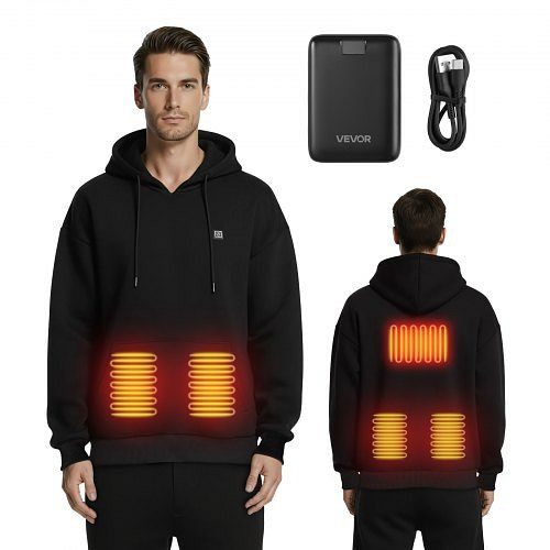 VEVOR Beheizbarer Unisex Hoodie, 7,4V 16000mAh Powerbank, 5 Heizzonen, 3 Temperaturstufen, 4–8h Wärme, Schwarz, S, JRWYDDTTSZXSV1EA5001V9