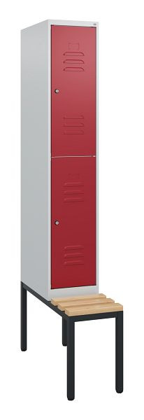 C+P Doppelstöckiger Spind Classic PLUS, 1950x300x815mm, 7035/3003, Zylinderschlösser, Sitzleisten aus Buche, mit untergebauter Sitzbank, 0803505-10 S10031