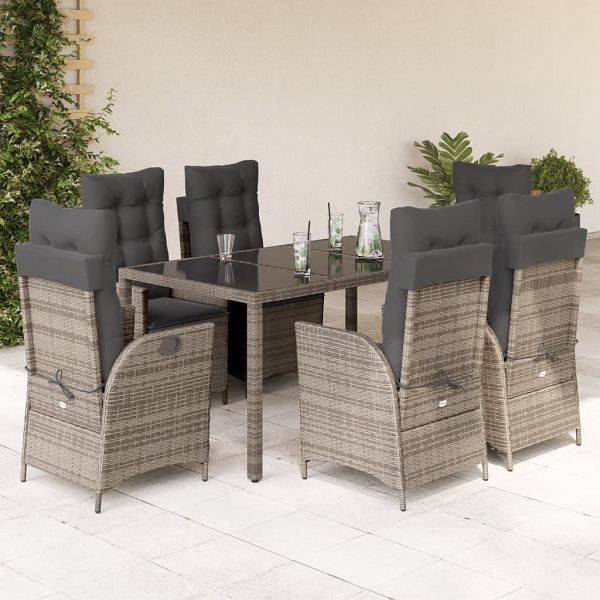 vidaXL 7-tlg. Garten-Essgruppe mit Kissen Grau Poly Rattan, 3213080