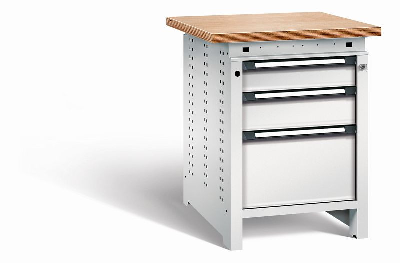 Otto Kind Werkbank Serie function Typ 106, Multiplexplatte, überstehend, 3 Schubladen, mit Zentralverschluss, komplett RAL 7035, 072323217