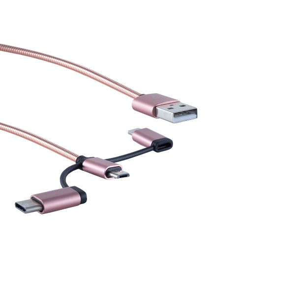shiverpeaks BASIC-S, USB 3in1 Ladekabel, USB-A-Stecker auf USB Micro B + USB Typ C + Lightning Stecker, ALU rosegold, 1m, BS14-50074