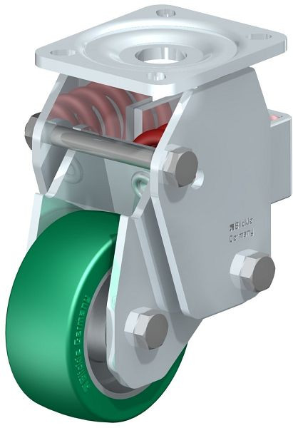 Blickle BHF-ALST 100K-1 Stahlblech-Bockrolle, Schwerlast-Ausführung, mit Stahlfeder, Blickle Softhane®, Grün, 755361
