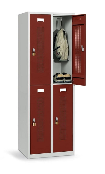 Deskin Doppelstöckiger Garderoben-Spind ohne Unterbau, Rubinrot RAL 3003, 590 x 500 x 1700 mm, 4 Abteile, Korpus: Lichtgrau RAL 7035, 331363