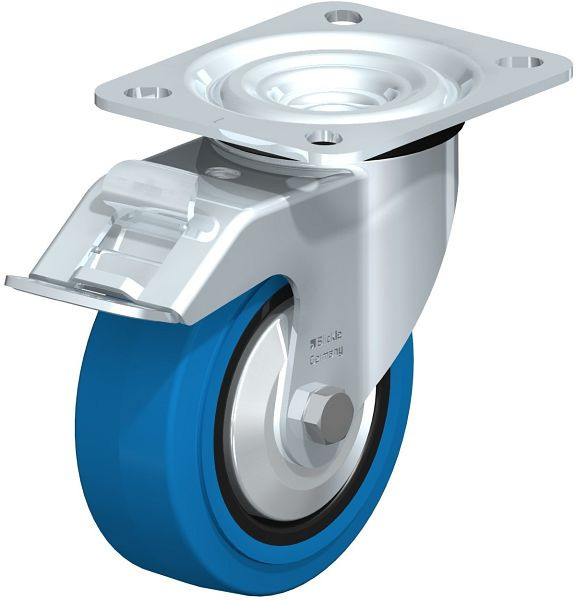 Blickle L-POEV 100KD-FI-SB-FA Stahlblech-Lenkrolle, mittelschwere Ausführung, mit Anschraubplatte & Feststeller, Elastik-Vollgummi, Blau, 850520
